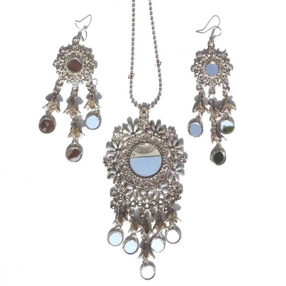 Indian Bollywood Silver Plated Mirror Chandler Necklace Jewelry Pendant Set